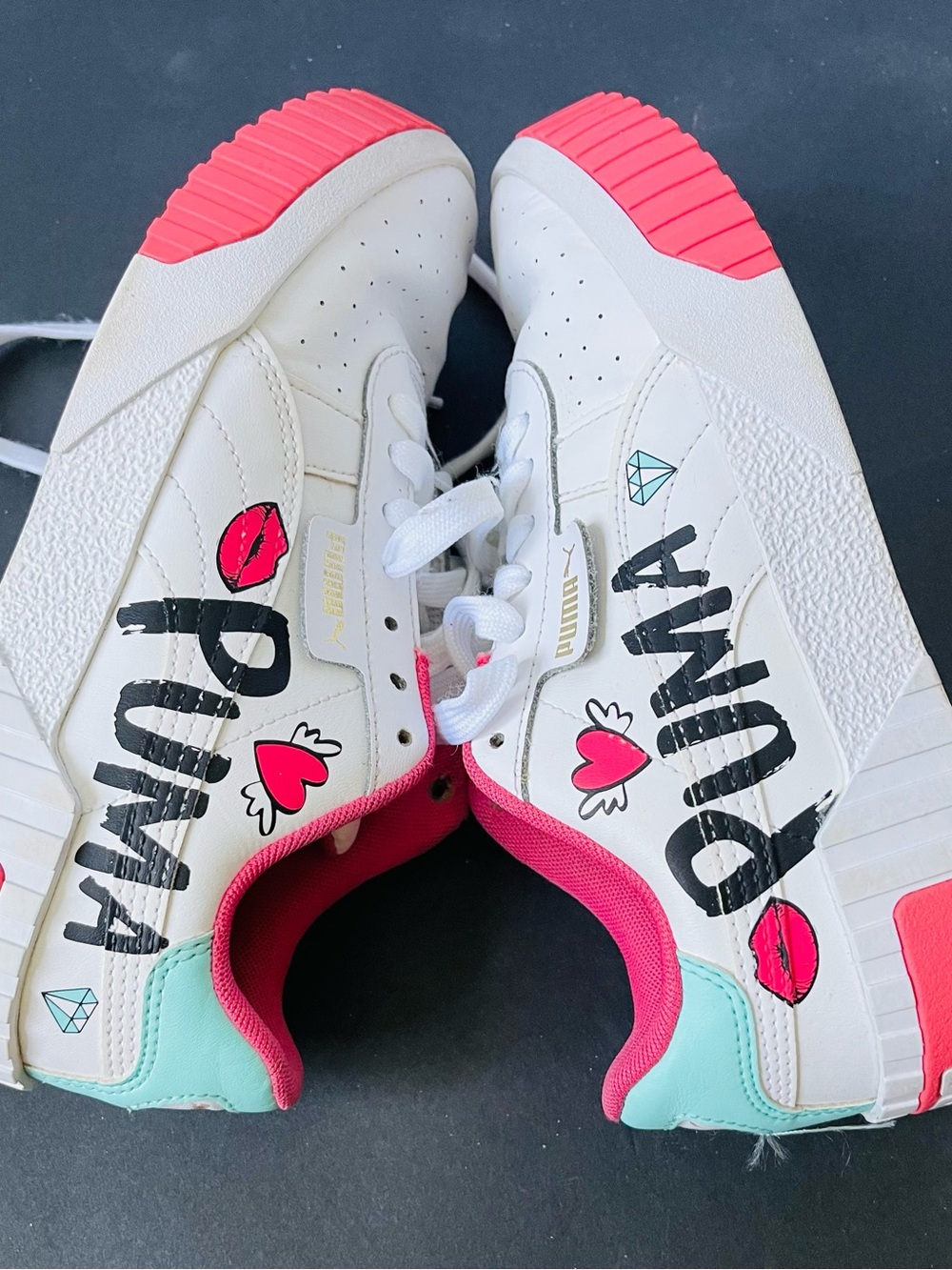 Puma White Sneakers with Pink and Mint Graphic Accents